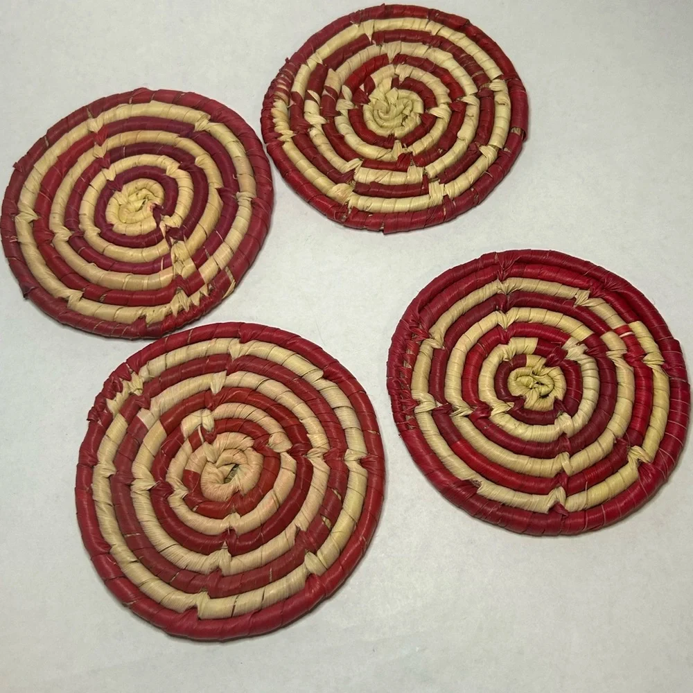 Set Of 4 Boho Bohemian‎ Woven Magenta And Natural Drink Coasters